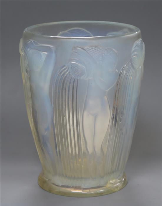 A R. Lalique Danaides opalescent glass vase, model no. 972, two filled chips to the foot, 18cm high